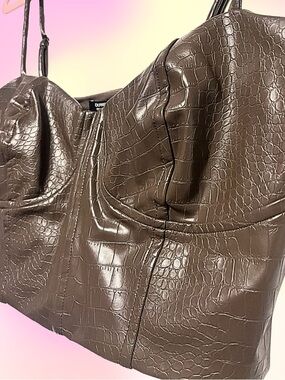 Express Brown Croc-Embossed Faux Leather Bustier Top